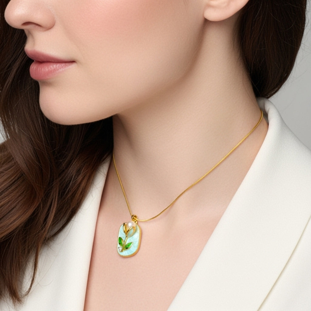 Pearl Leaf Enamel Necklace