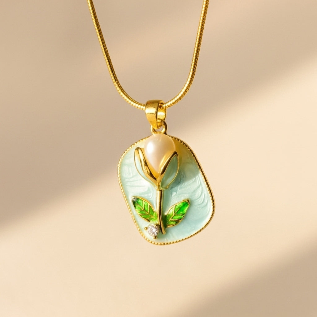 Pearl Leaf Enamel Necklace