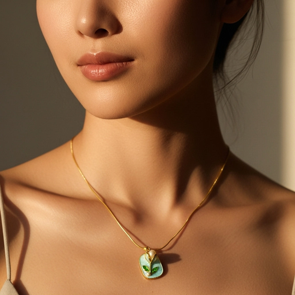 Pearl Leaf Enamel Necklace