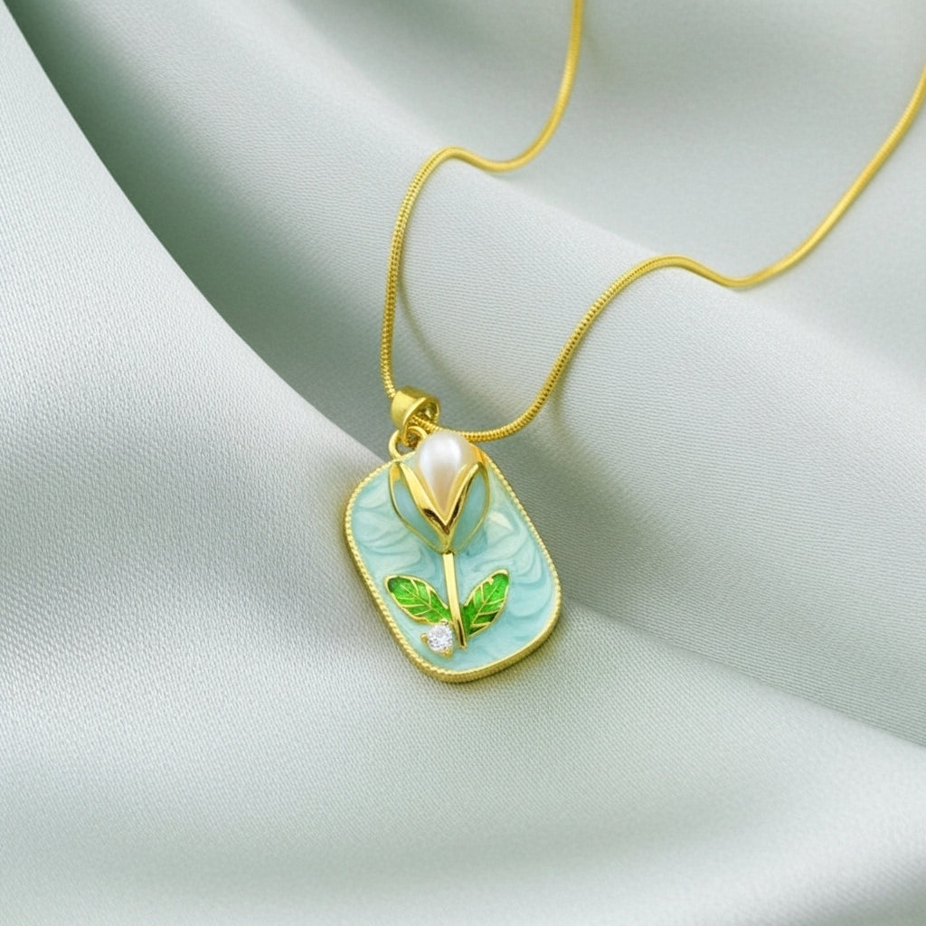 Pearl Leaf Enamel Necklace